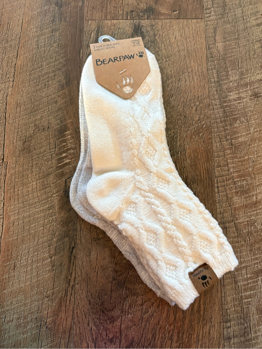 BearPaw Cream and Light Gray Cable Knit Ankle Socks - 2 Pair